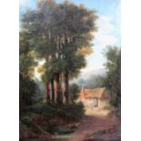 English school 19th century, Figures by a cottage in the woods, oil on board, 33cm x 24cm.