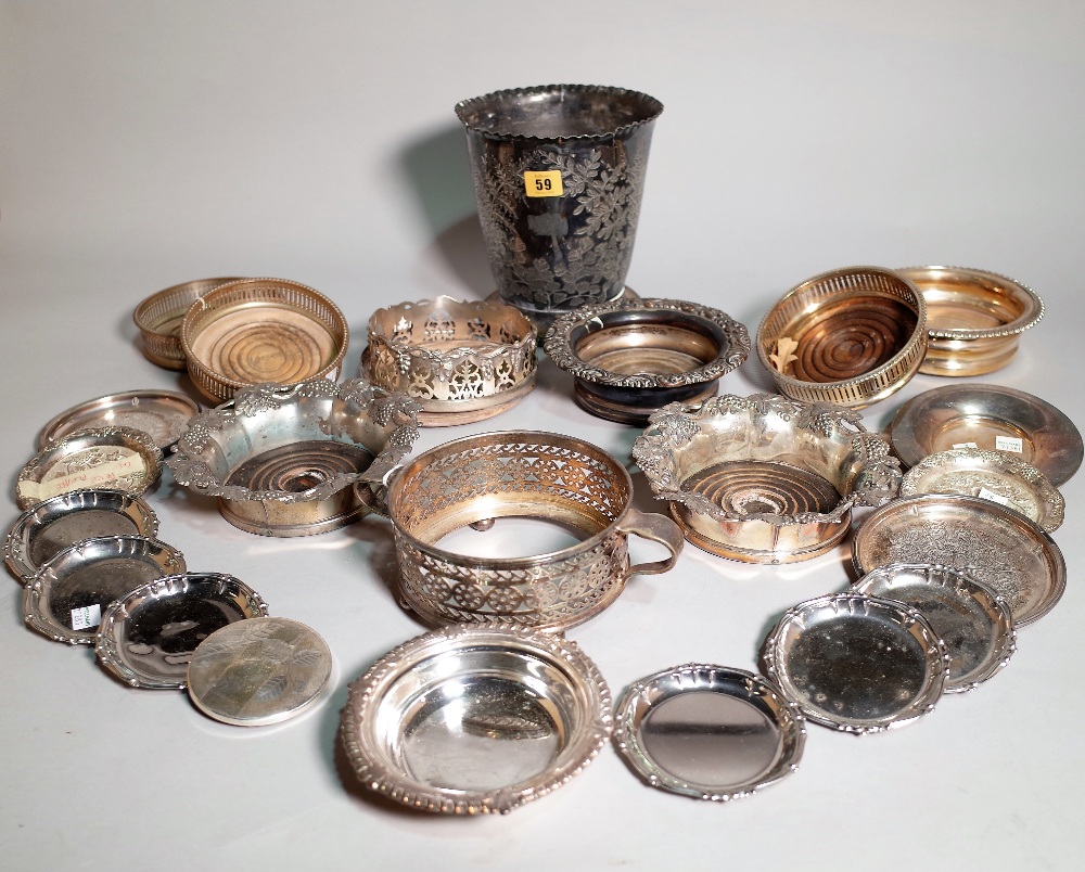Silver plated wares, including; bottle coasters, a wine cooler and sundry.