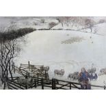 Attributed to Laurence Irving (1897-?), Snow scene with shepherd on the marsh nrear Withersham,