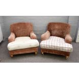 A pair of Howard style easy armchairs, on turned beech supports, 85cm wide x 75cm high,