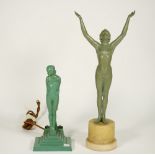 An Art Deco figural table lamp, verdigris patinated metal,