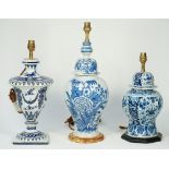 A Dutch Delft blue vase and cover, converted to a table lamp,