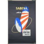 Dohet; Sabena Belgian Airlines to New York via Brussels, circa 1930, lithograph in colours,