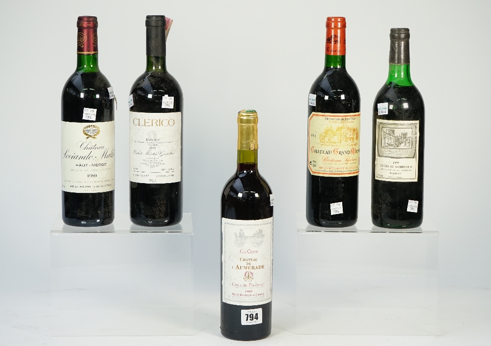 Five bottles of red wine, comprising; 1989 Clerico Barolo, 1993 Chateau Grand Monteil,