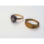 A 9ct gold, amethyst and diamond set nine stone cluster ring,