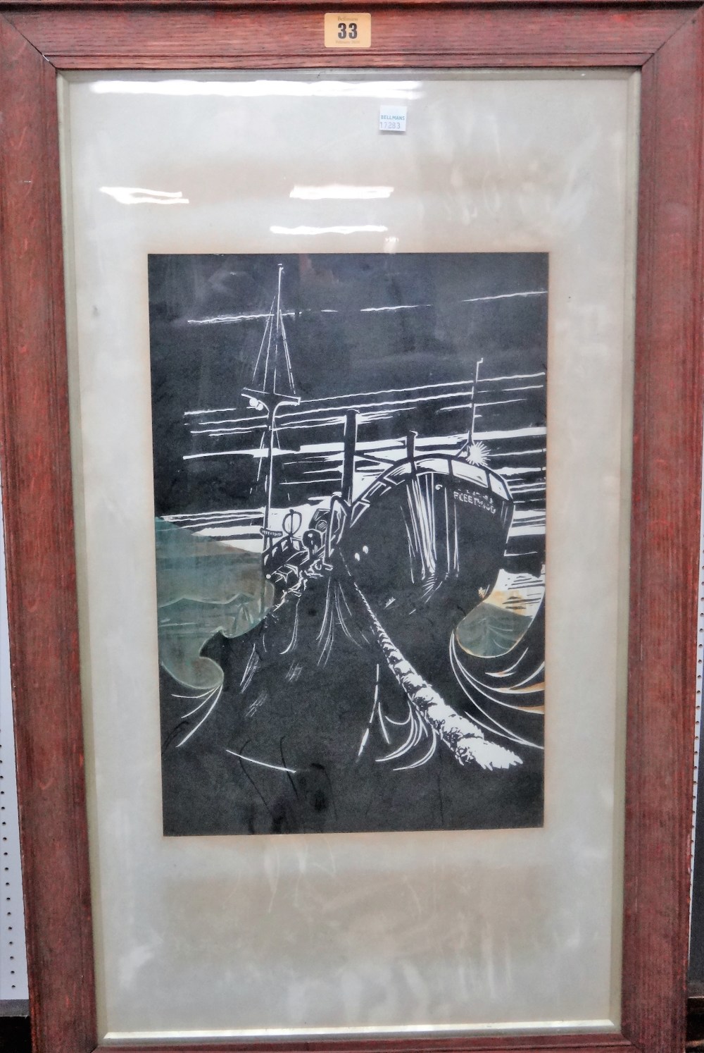 British School, 20th century, A trawler, lino cut, 41.5cm x 27cm.