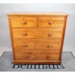 A late Victorian birch chest of two short and three long graduated drawers, with bun feet,