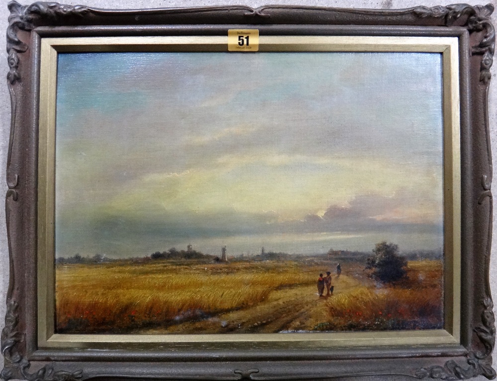 English School (19th century), Figures in a cornfield, oil on canvas, 28.5cm x 40cm.