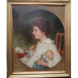 English School, 19th century, Profile portrait of a child with her dolls, oil on canvas,