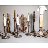 A group of seven assorted decorative table lamps including silver plated and pewter examples and a