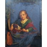 After Caspar Netscher, Boy with Mandolin feeding a dog, oil on metal, 24cm x 17.5cm.