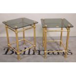 A pair of mid-20th century brass and glass square side tables, 45cm wide x 57cm high, (2).