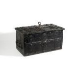 A 19th century strap iron bound Armada style chest with side loop handles, 60cm wide x 29cm high.