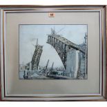 After Sydney Ure Smith, The Construction of Sydney Harbour Bridge, colour print, 30cm x 37cm.
