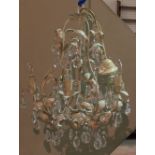 A 20th century white painted metal open frame chandelier with glass drop decoration, 60cm high.