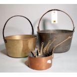 A quantity of early 20th century copper pots and pans, the largest 38cm wide, (qty).