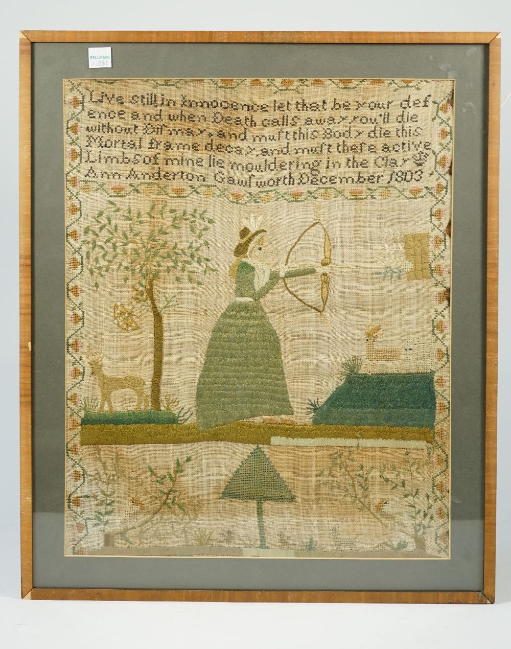 A needlework sampler by Ann Anderton Gawlworth, December 1803,