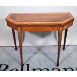 A late George III satin wood banded mahogany canted rectangular card table, 91cm wide x 69cm high.