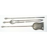 A set of three Victorian steel fire tools, with spherical tapering handles and knopped shafts,