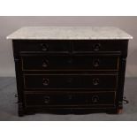 A marble top ebonised chest with two short and three long graduated drawers, 106cm wide x 78cm high.