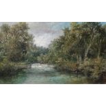 English School (19th century), Wooded river scene with angler, oil on canvas laid on board,