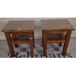 A pair of 20th century hardwood square two tier side tables, 50cm wide x 61cm high, (2).