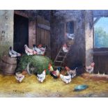 V** Darcey (20th century), Chickens in a barn, oil on canvas, signed, 54cm x 67cm.