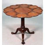 An 18th century mahogany supper table, the snap top with nine dished recess divided by scallops,