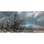 Peter Newcombe (b.1943), Heathercote: March storm, oil on board, signed, 19cm x 40cm.
