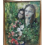 Continental School (contemporary), two figures with flowers, oil on canvas,