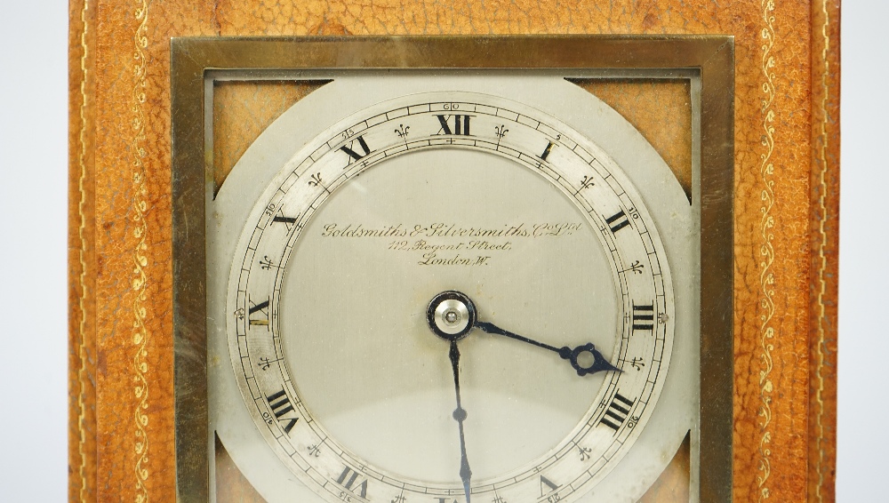 An Edwardian leather desk timepiece retailed by the Goldsmiths & Silversmiths, London, by Elliott, - Image 2 of 3