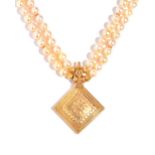 A gold and cultured pearl necklace, formed as two rows of cultured pearls,