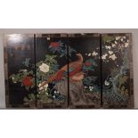 Four Chinese lacquer rectangular hanging panels, decorated with birds amongst flowering shrubs,