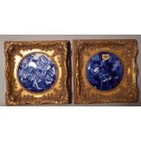 A pair of blue and white ceramic panels, depicting flower faries, each panel 17cm diameter.