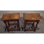 A 17th century style oak joint stool on turn supports together with another similar,