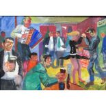 Anne Bulitis (20th century), Pub interior with music and dancing, gouache and mixed media,