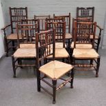 A matched set of eleven 19th century Lancashire bobbin back dining chairs,
