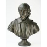 A modern black painted plaster bust of William Shakespeare, raised on a turned socle, 70cm high.