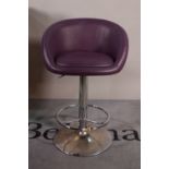 A 20th century chrome and purple leather adjustable bar stool, 53cm wide x 83cm high.