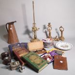 Collectables, including; a brass whale oil lamp 52cm high, a quantity of costume jewellery,