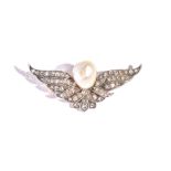 A natural saltwater pearl and diamond brooch, designed as a pair of wings,