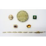 A gold, amethyst and seed pearl set shaped rectangular brooch, detailed 15, a jade brooch,