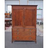 A George III oak linen press with pair of panel doors over two short and two long graduated drawers