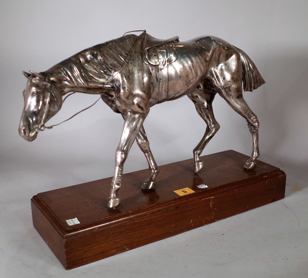 An early 20th century silver plated model of a horse on a oak rectangular plinth base, - Image 2 of 6
