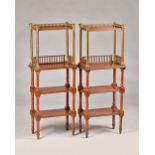 A pair of Victorian height adjustable mahogany and brass four tier whatnots on turned supports,