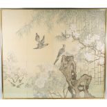 Chinese school, 20th century, a large painting on silk of birds amongst rocks , flowers and bamboo,