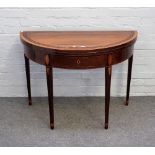 A George III floral marquetry inlaid walnut and satinwood banded semi-elliptical tea table with