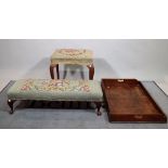 A Victorian mahogany framed rectangular footstool, on cabriole supports, 90cm wide x 26cm high,