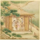 Chinese school, 19th century, two watercolours on paper, one painted with figures in a house,