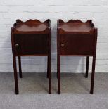 A pair of George III mahogany tray top single door night stands, on canted square supports,